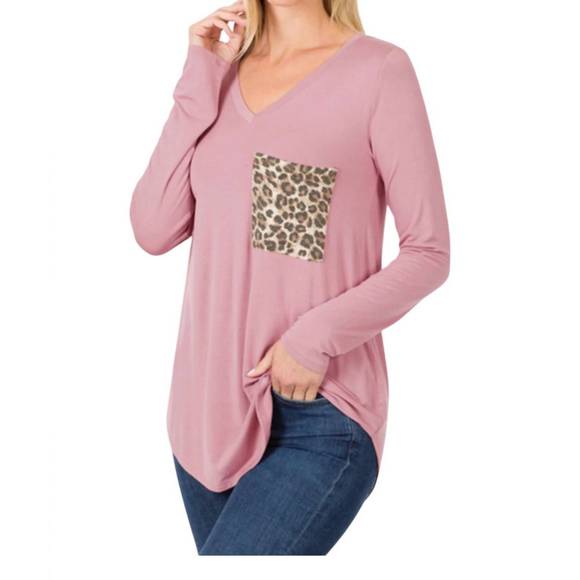 NEW ZENANA vneck leopard pocket long sleeve top in light rose - Picture 1 of 1